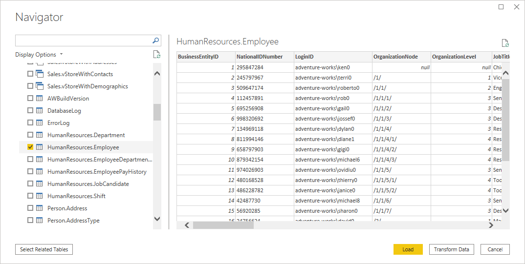 Power Query Navigator showing the employee data.