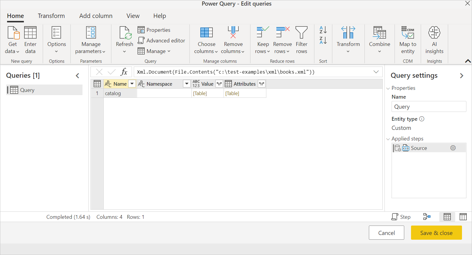 Screenshot of XML file loaded in the Power Query Editor.