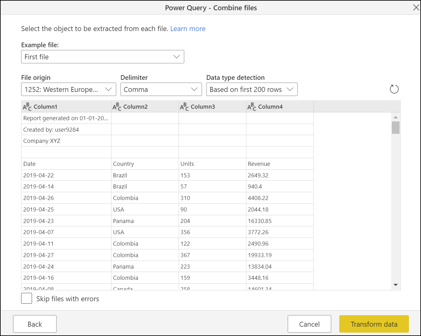 Combine files dialog box.