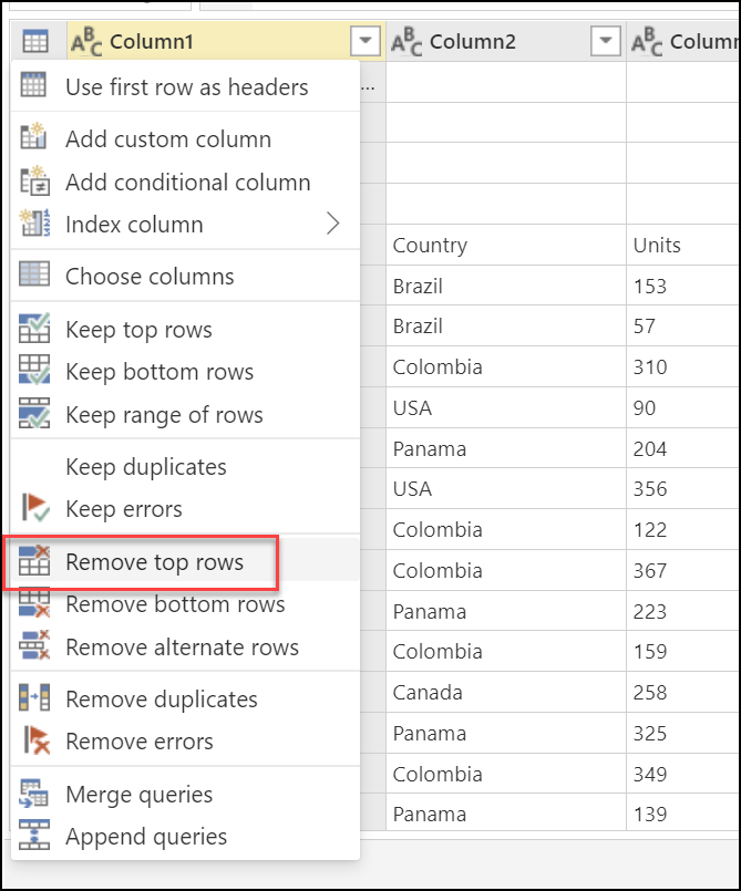 Remove top rows on the table menu.