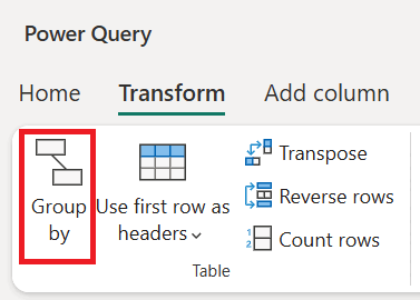 Screenshot of the Power Query ribbon with the Group by option emphasized in the Transform tab.