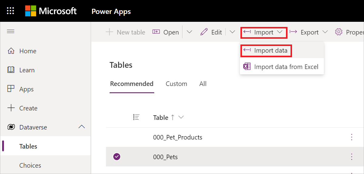 Screenshot with Dataverse tables open, a table selected, the import context menu open, with the import data option emphasized.