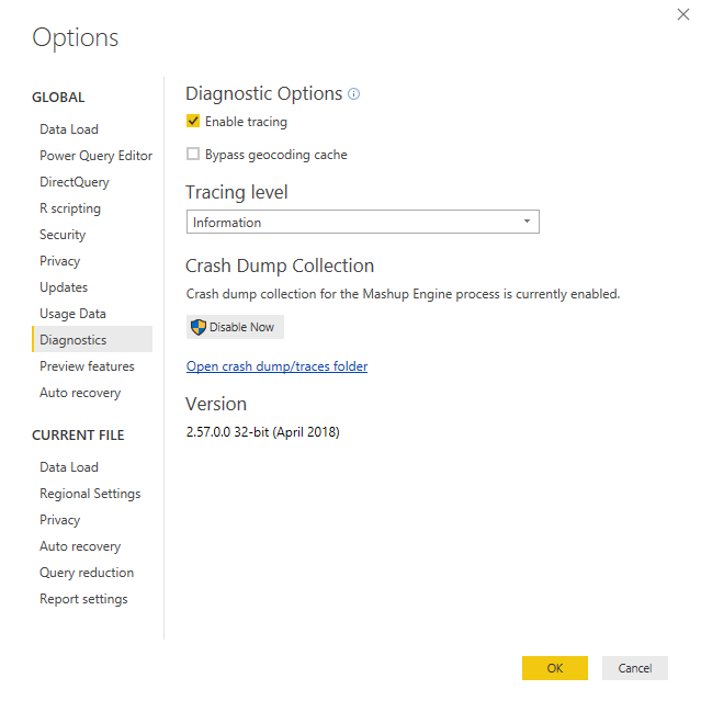 Screenshot of the Power Query options with the Diagnostics tab selected and tracing enabled.