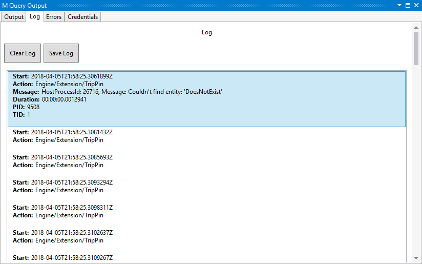 Screenshot of the log tag in the M query output with the log message emphasized.