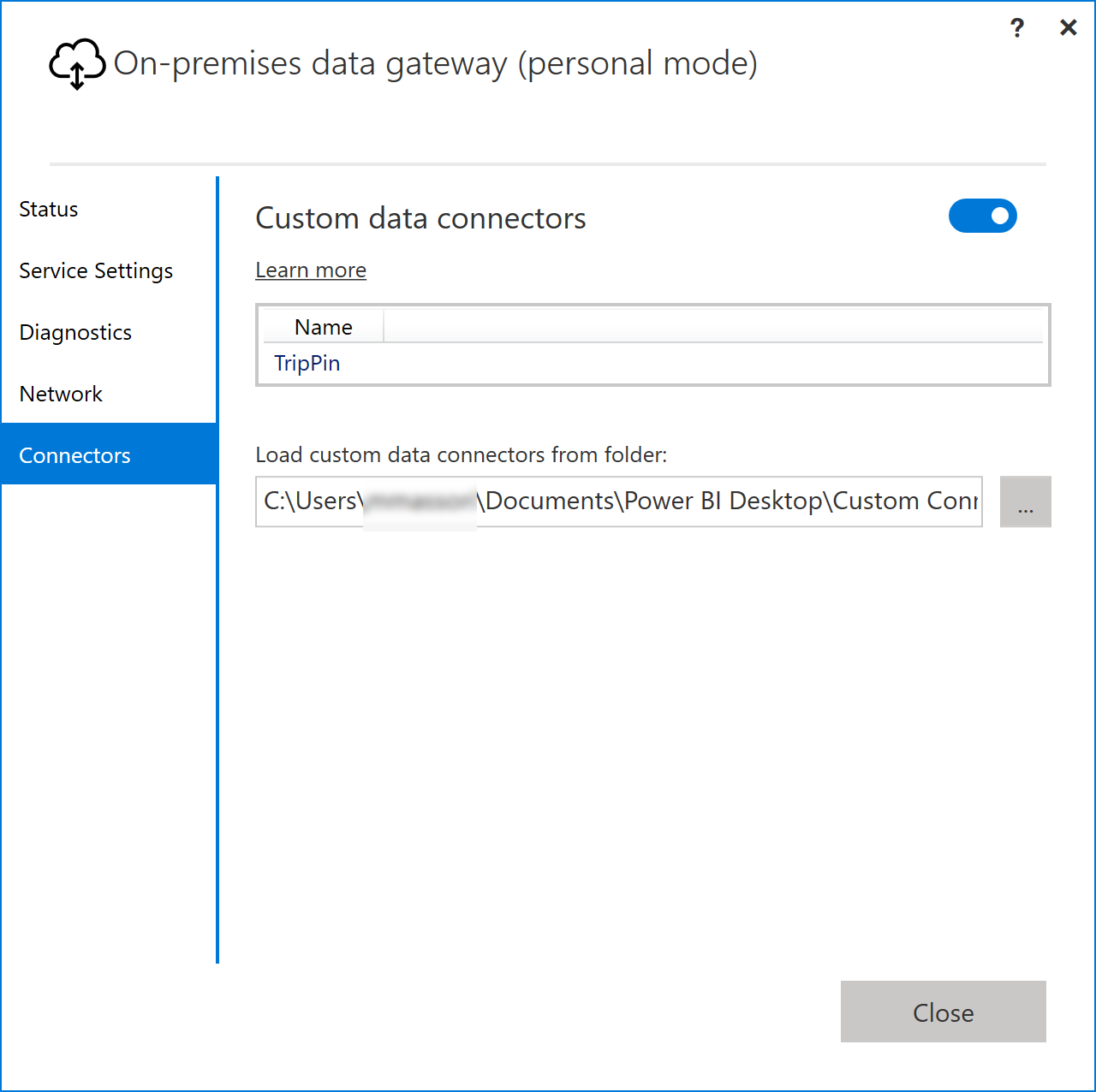 Screenshot of the gateway showing the gateway connector configuration dialog.