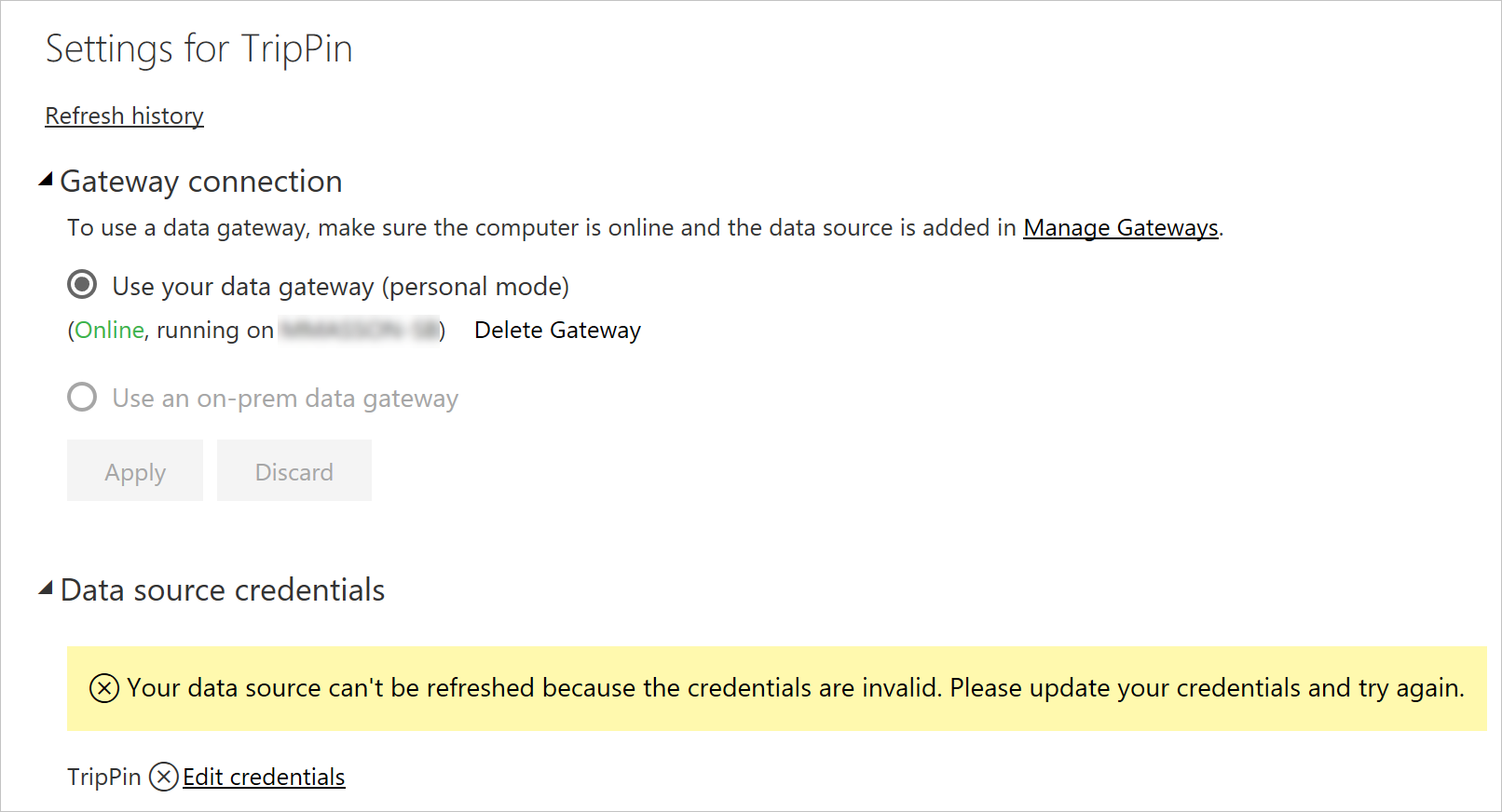 Screenshot of the Settings for TripPin dialog where you make your selections.