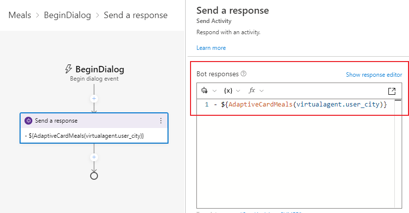 Composer Begin Dialog - add Send a response action.