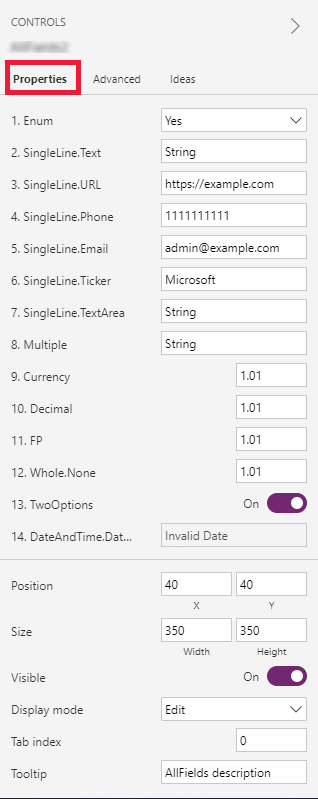 Default code component properties pane.