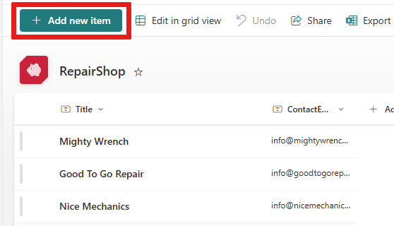 Screenshot of the location of the Add new item button on a SharePoint site page.