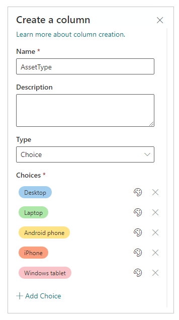 Screenshot showing where you can define the column choices when you create a column.