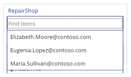 Scrrenshot that shows the RepairShop list when you select the dropdown arrow.