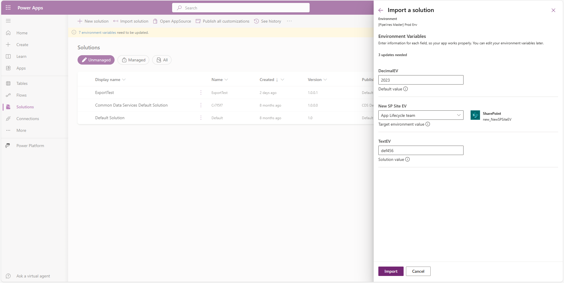 Environment variable visibility during solution import.