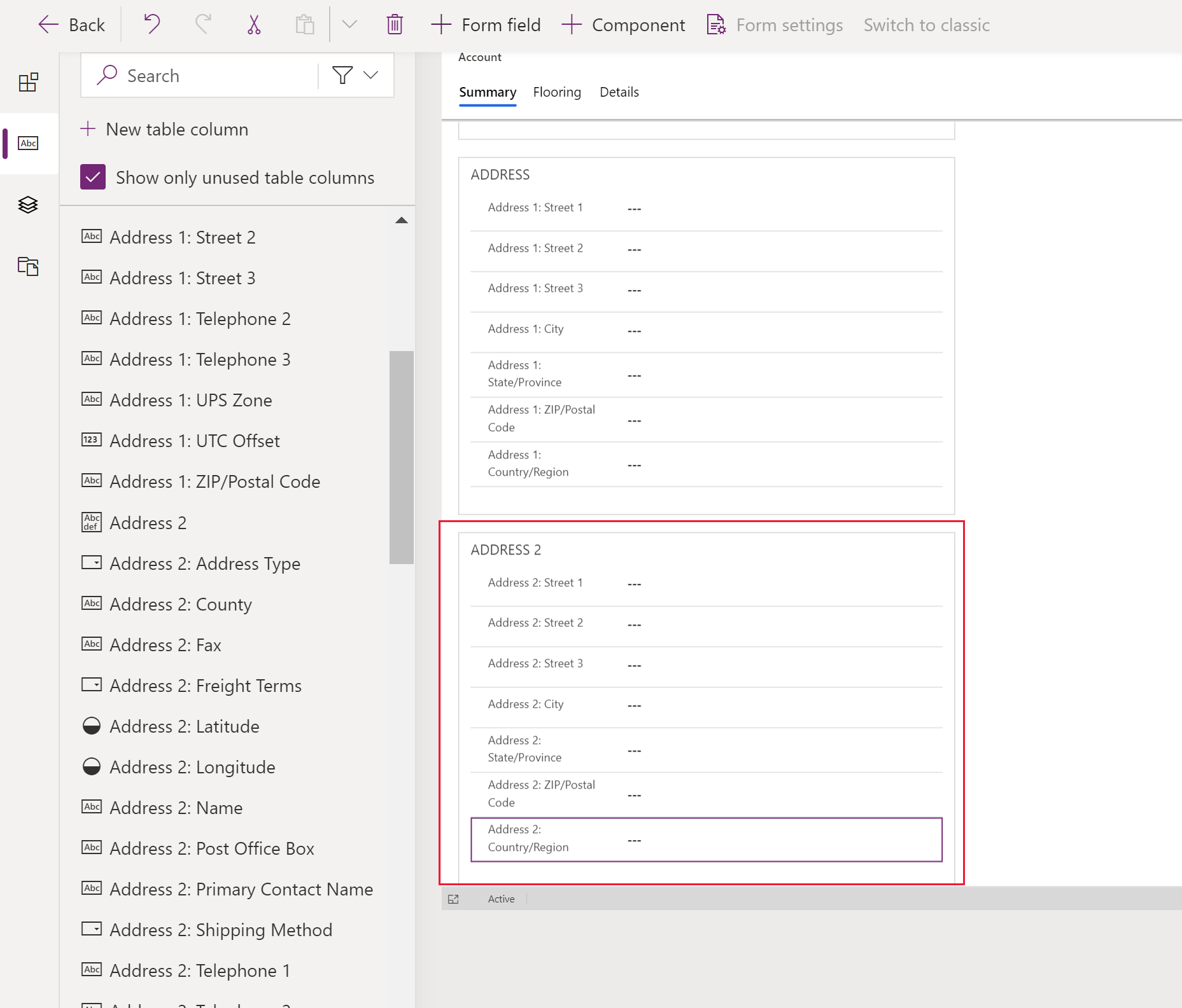 New address 2 section with related columns.