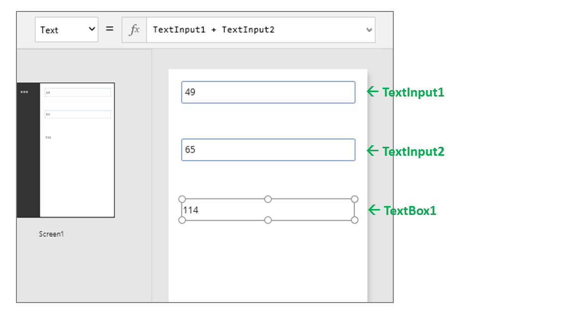 Illustration of Power Apps recalculating the sum of two numbers.