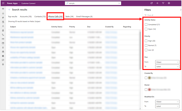 Activity Status, Priority, and Due facets for the Phone Calls table