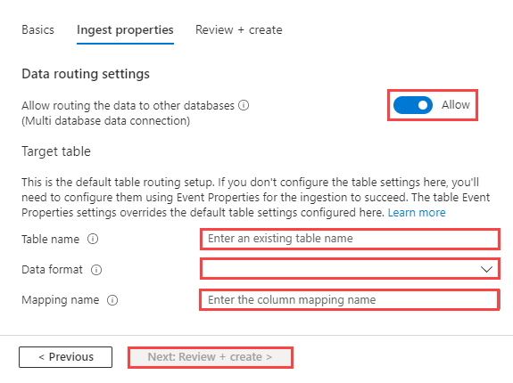 Screenshot of the Data Connection Ingest properties tab, showing the target table properties.