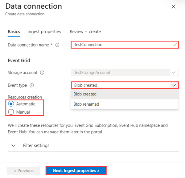 Screenshot of the Data Connection Basics tab, showing the options for the connection type.