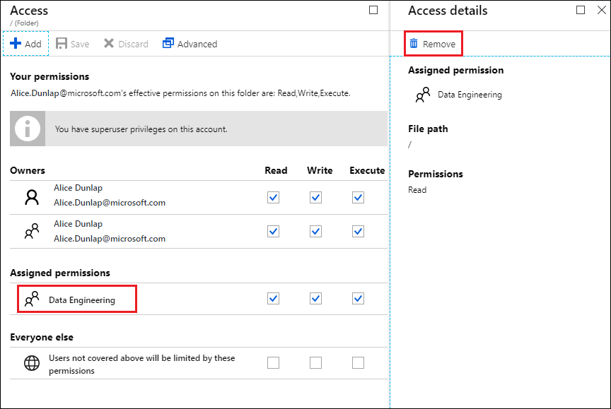 Screenshot of the Access blade with the Data Engineering option called out and the Access details blade with the Remove option called out.