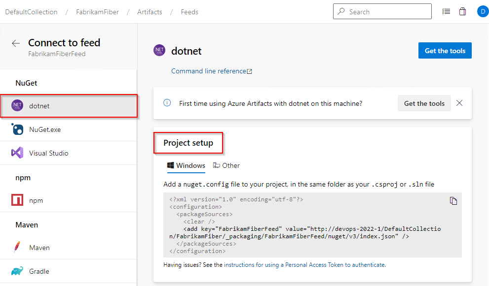A screenshot displaying how to connect to a feed in Azure DevOps Server 2020 and 2022.