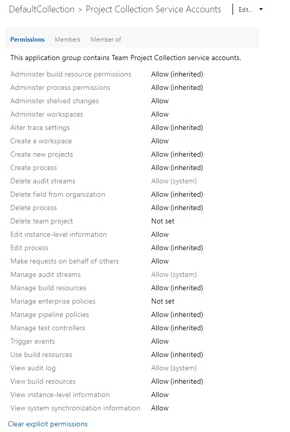 Screenshot of Collection level permissions, on-premises, Inherited process model.
