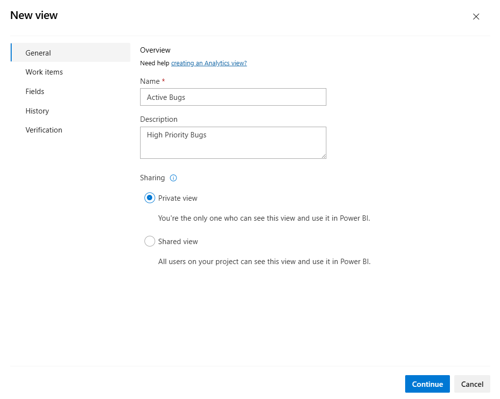 Screenshot shows the New View General tab where you can specify the Shared View option.
