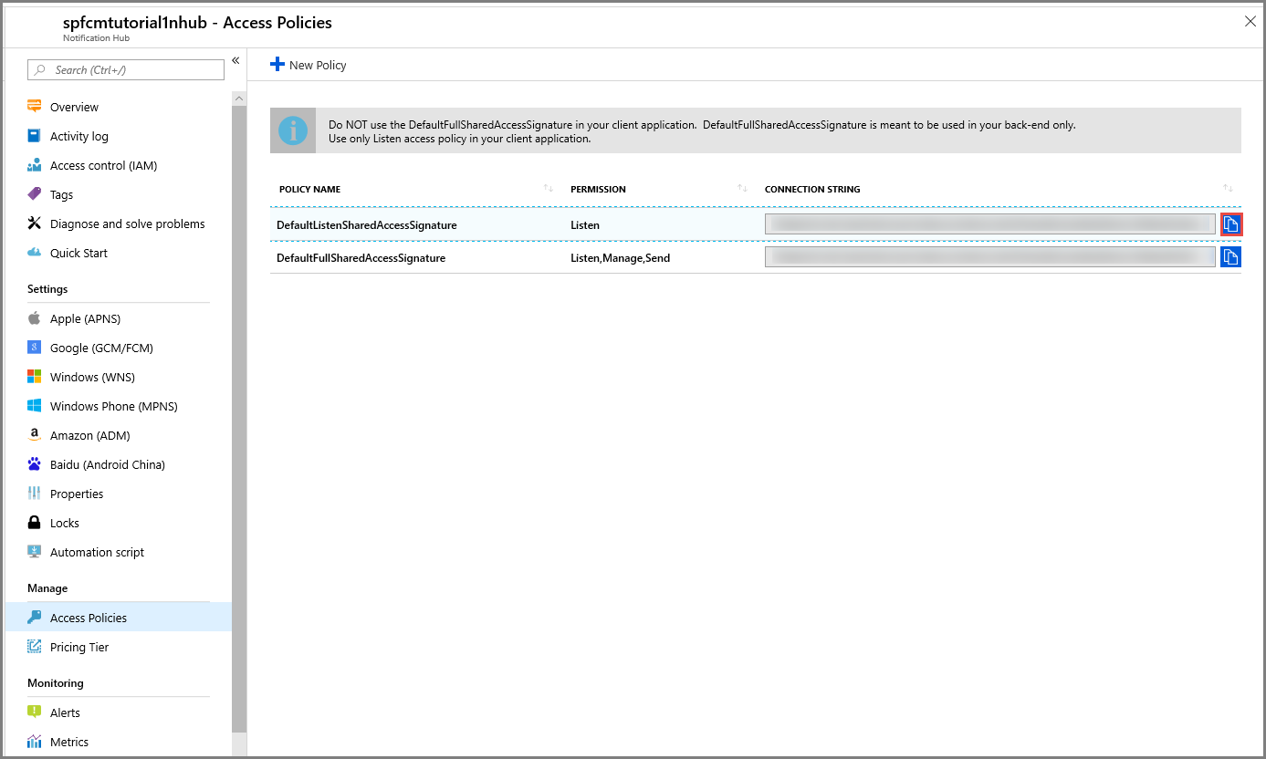 Azure portal - notification hub connection strings