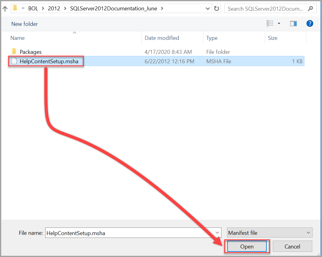 Open the SQL Server 2012 Help Content Setup.msha file