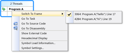 Parallel stacks context menu