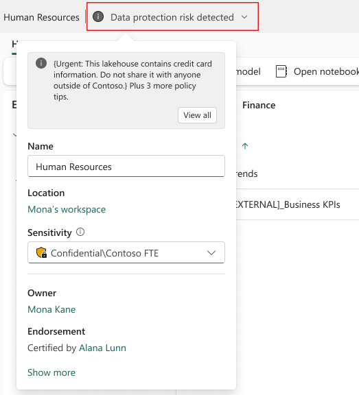 Screenshot of policy tip in lakehouse header flyout.