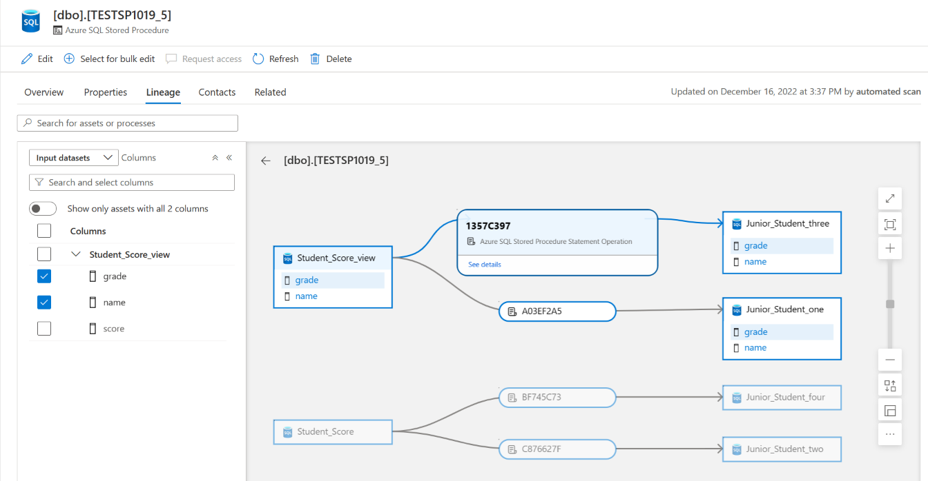 Screenshot that shows stored procedure lineage drilldown.