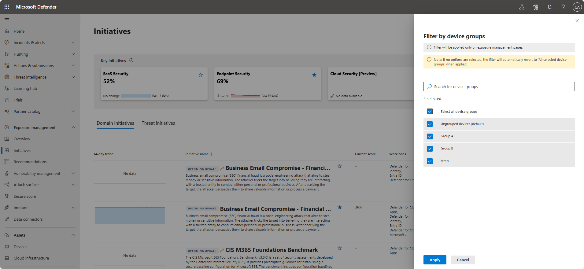 Screenshot of the filter by device groups side pane.