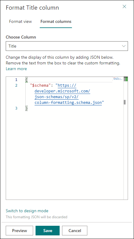 Format column pane with space to paste or type column formatting JSON and options to preview, save, and cancel