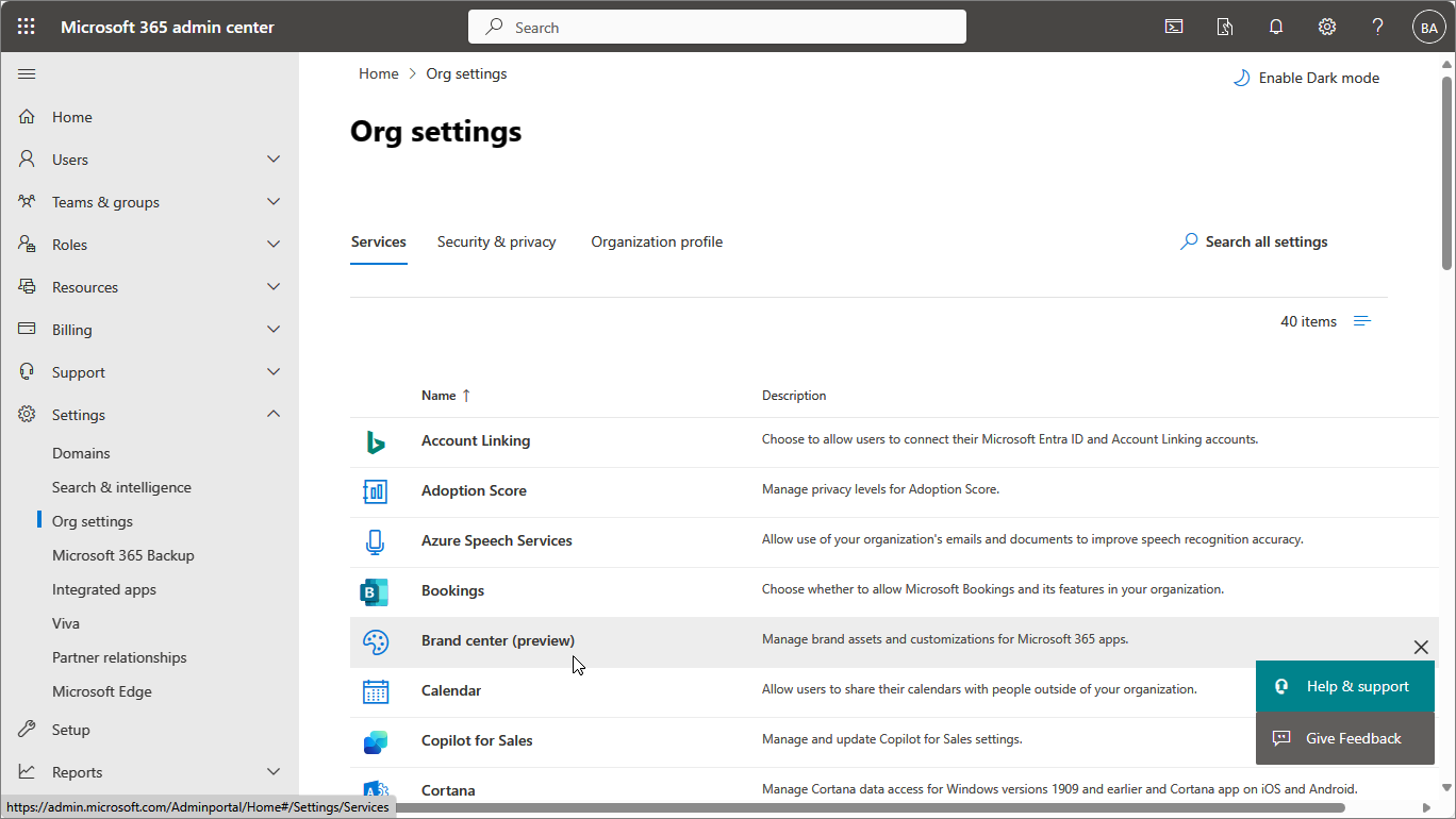 Screenshot of accessing brand center from microsofto 365 admin center.