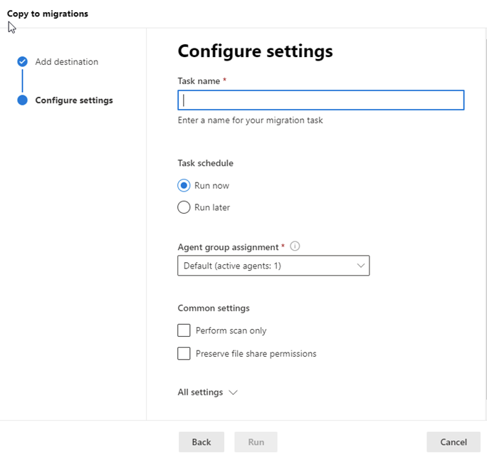 Configure settings for your file share migration.