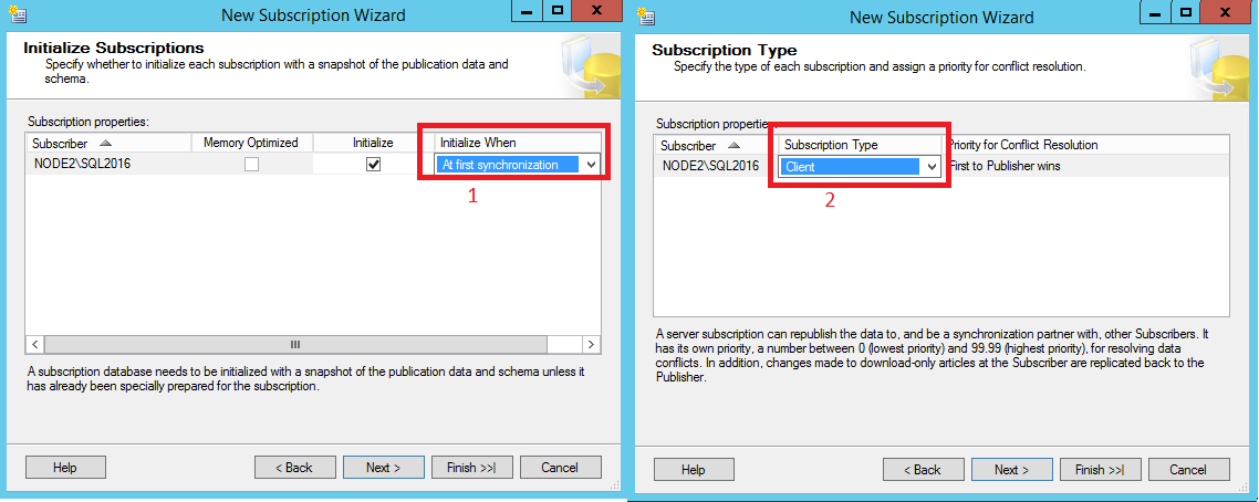 Selections for initializing subscriptions at first synchronization