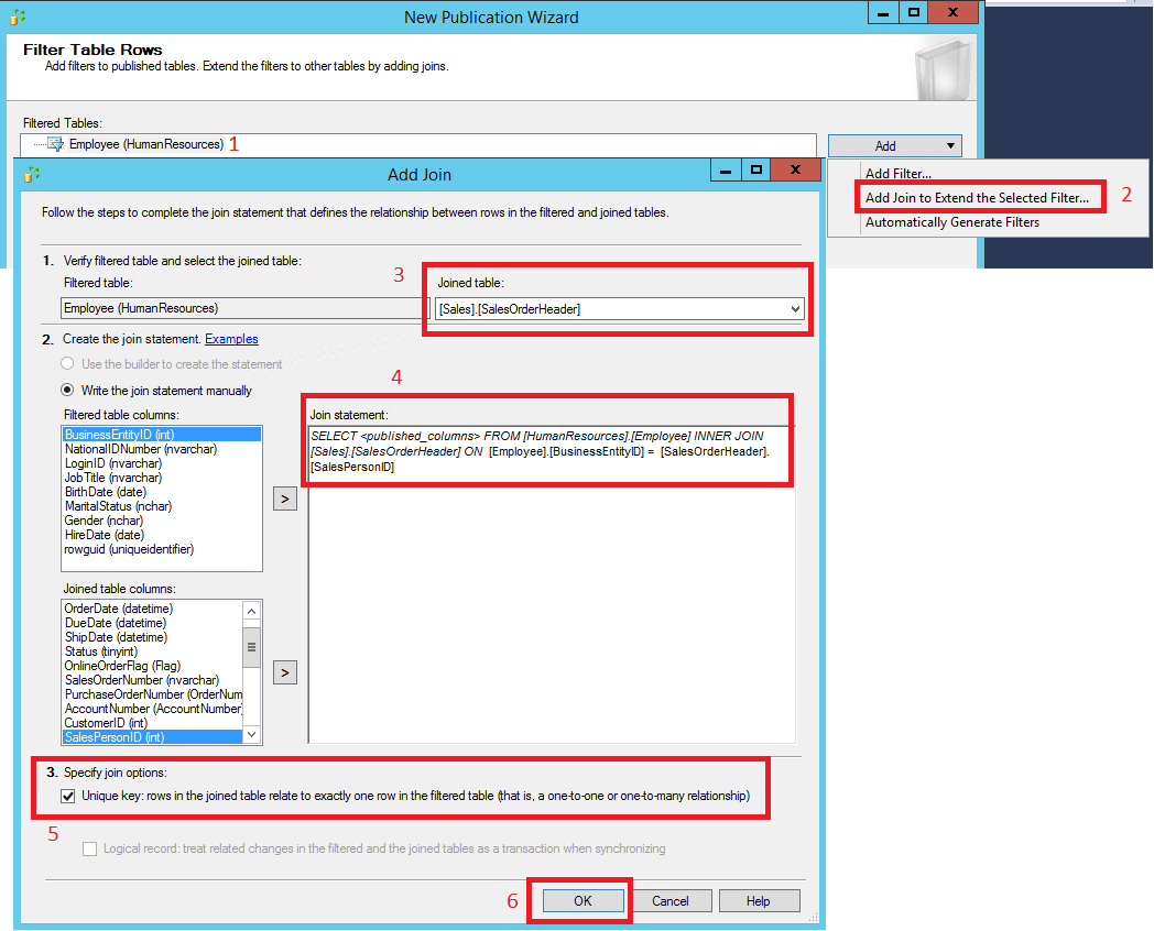 Selections for adding a join to the filter