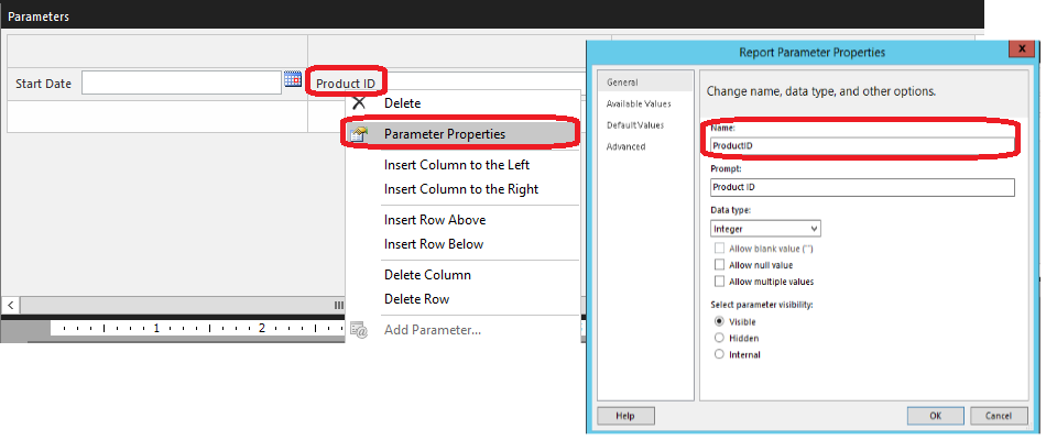 Access parameter properties from the parameters pane