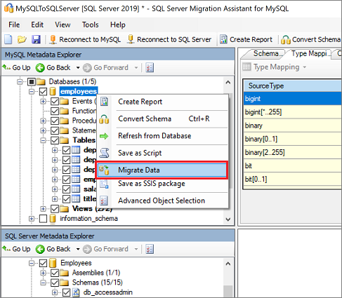 Screenshot that shows Migrate Data option.