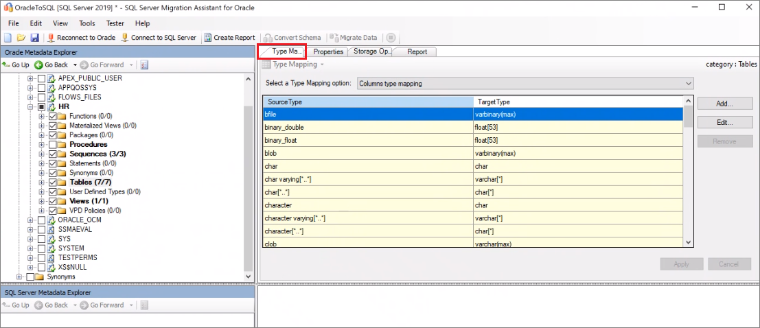 Screenshot of the 'Type Mapping' pane in SSMA for Oracle.