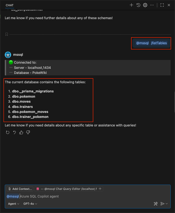 Screenshot of using the /listTables slash command in GitHub Copilot chat.