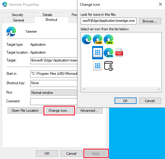 Screenshot shows the windows to change the icon of the Microsoft Edge url shortcut.