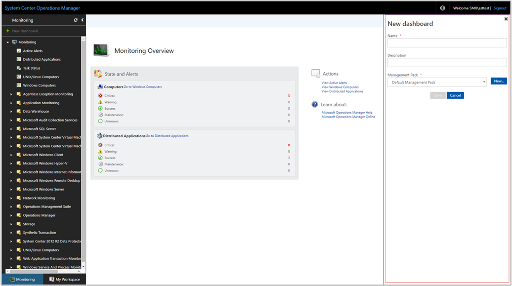 Screenshot showing specify name and description for new dashboard.