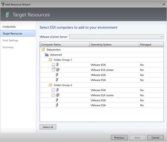 Screenshot showing target resources tab.