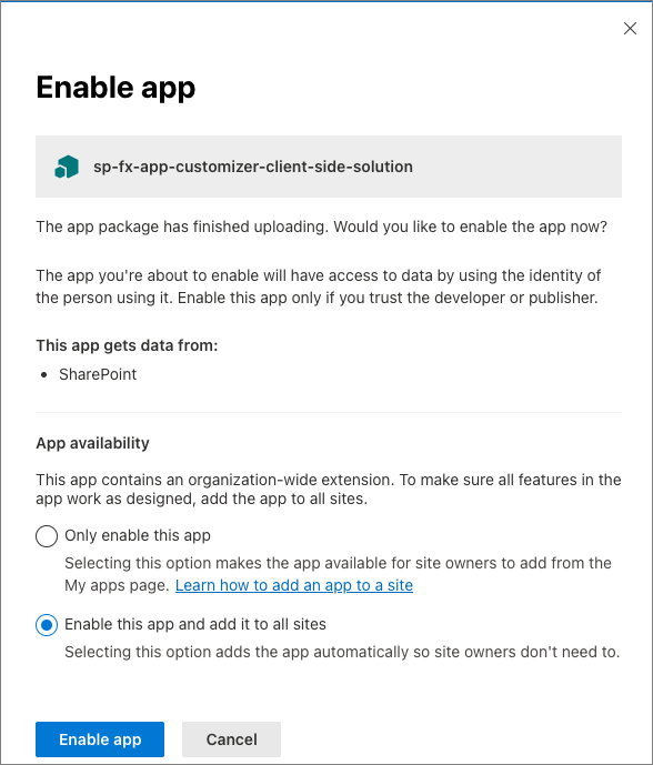 Screenshot of the modern Enable app dialog.