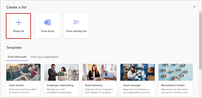 Screenshot creating new SharePoint list - Select blank list template.