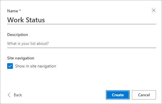 Screenshot creating new SharePoint list - Dialog completing new list name.