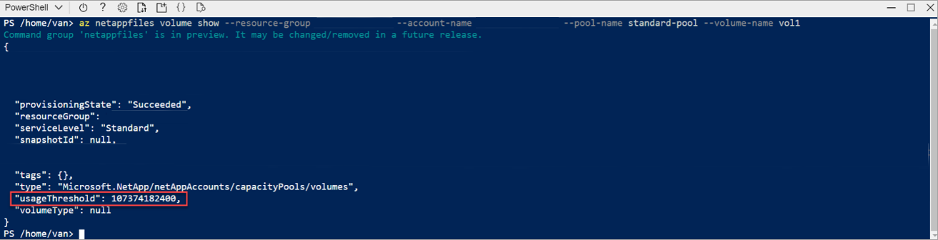 Screenshot of the volume show output.