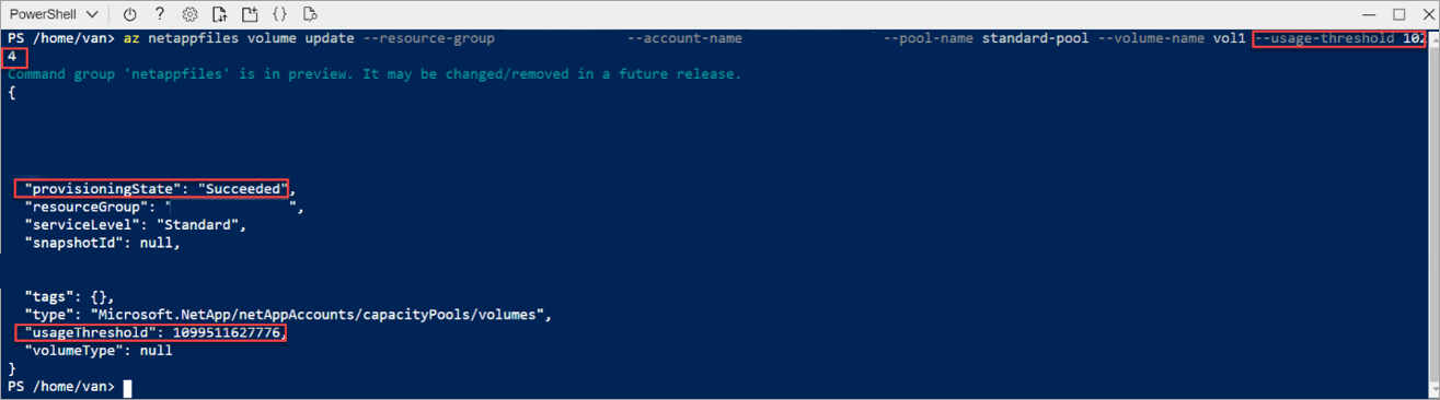Screenshot of the volume update output.