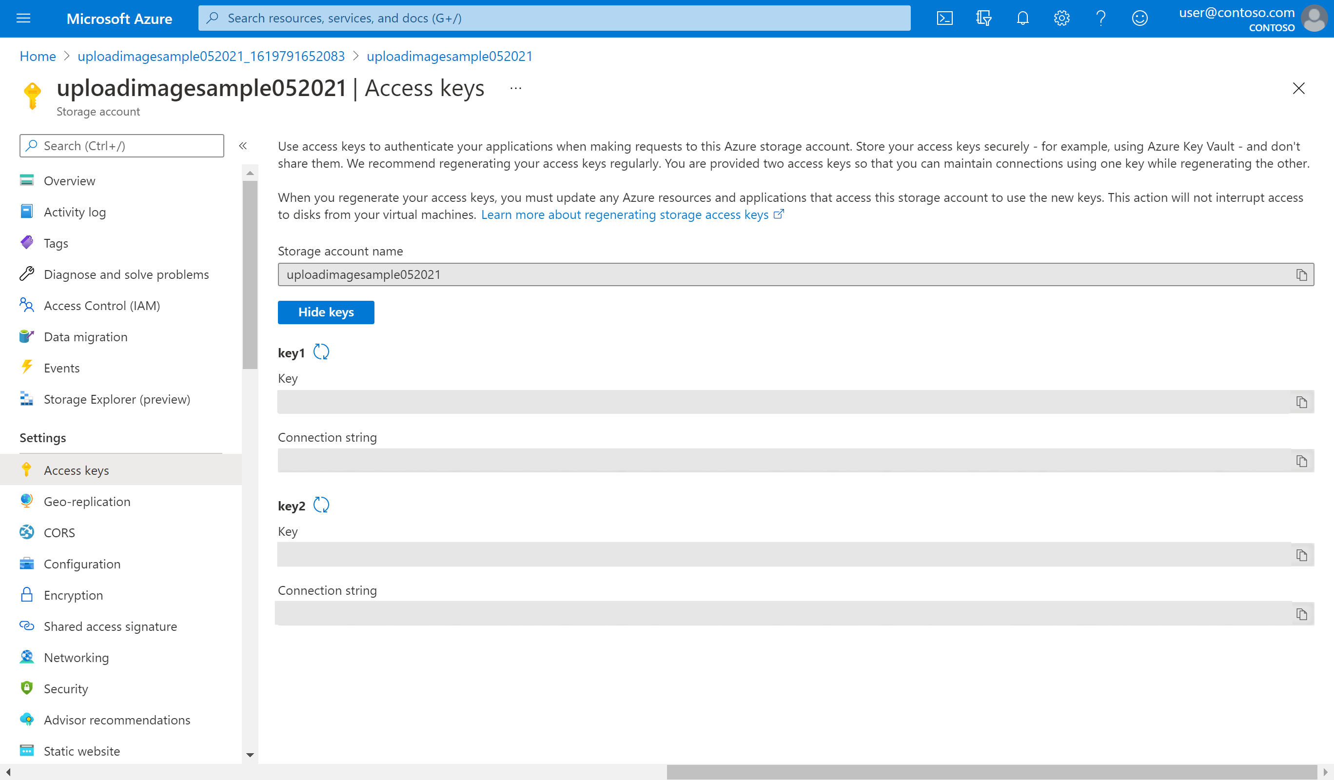 Screenshot of the Access Keys page in the Azure portal.