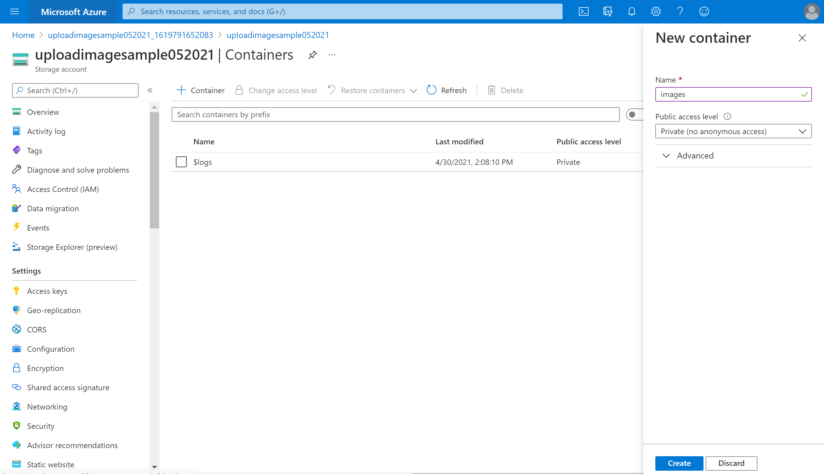 Screenshot of the Create a new Container page in the Azure portal.